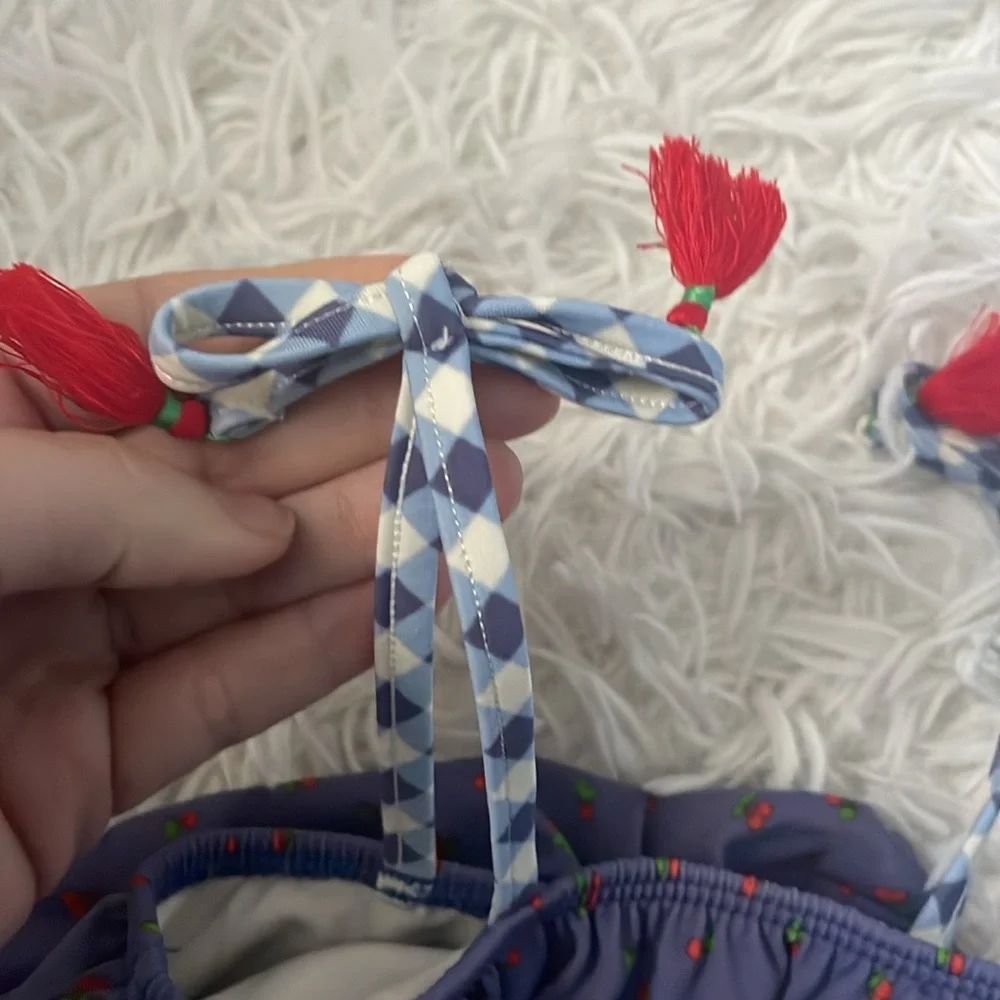 Matilda Jane Kids Swim Bikini - Blue Gingham with Red Floral Accents
